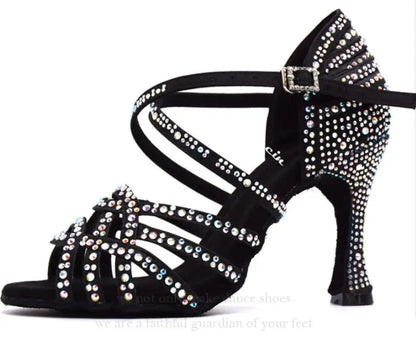 Women Salsa Dance Shoes Latin Ballroom Shoes Latin Dance Shoes Girl Skin Black Color Full Rhinestone Tango Party Shoes 9Cm