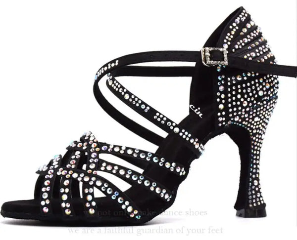 Women Salsa Dance Shoes Latin Ballroom Shoes Latin Dance Shoes Girl Skin Black Color Full Rhinestone Tango Party Shoes 9Cm