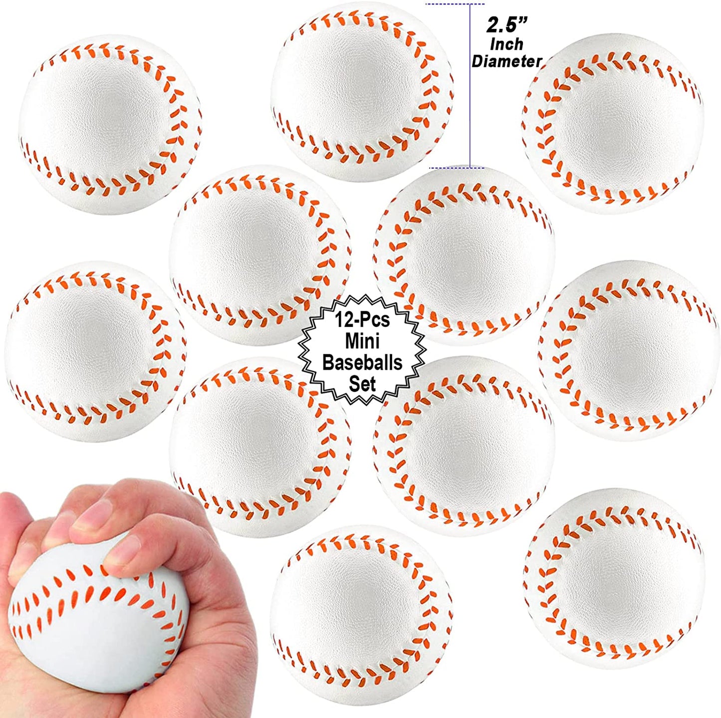 Mini Sports Balls for Kids Party Favor Toy, Soccer Ball, Basketball, Football, Baseball (12 Pack) Squeeze Foam for Stress, Anxiety Relief, Relaxation. (12 Pack (Baseballs))
