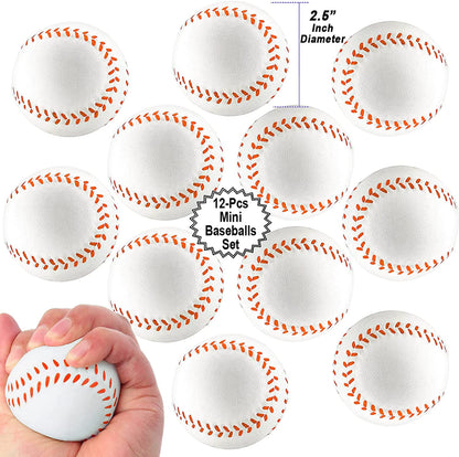 Mini Sports Balls for Kids Party Favor Toy, Soccer Ball, Basketball, Football, Baseball (12 Pack) Squeeze Foam for Stress, Anxiety Relief, Relaxation. (12 Pack (Baseballs))
